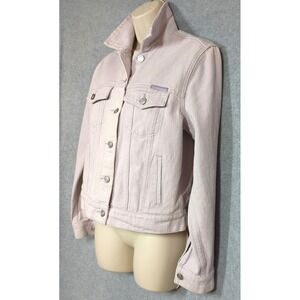 Denim Jean Jacket M Lilac Elevated Faith But God Word Print On Back Front Logo